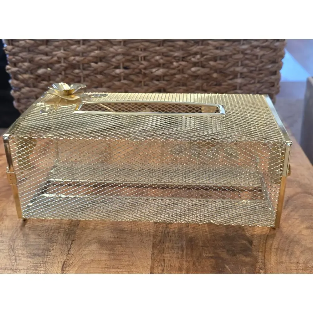 VTG MCM Metal Mesh Gold Tone Kleenex Box Cover with Rose and Leaf Design
